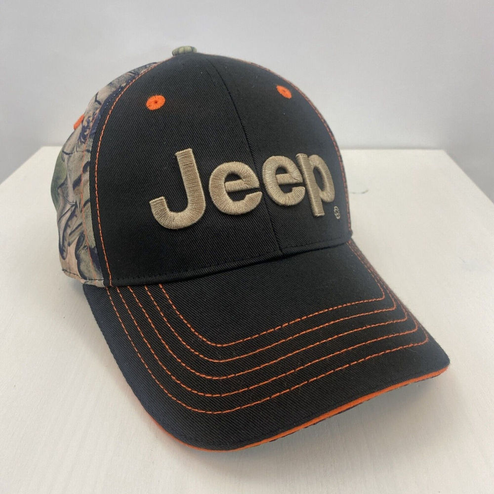 JEEP Adjustable Choko Hat Black w/ Orange Stitching Camo Lets Rock Patch EUC‎